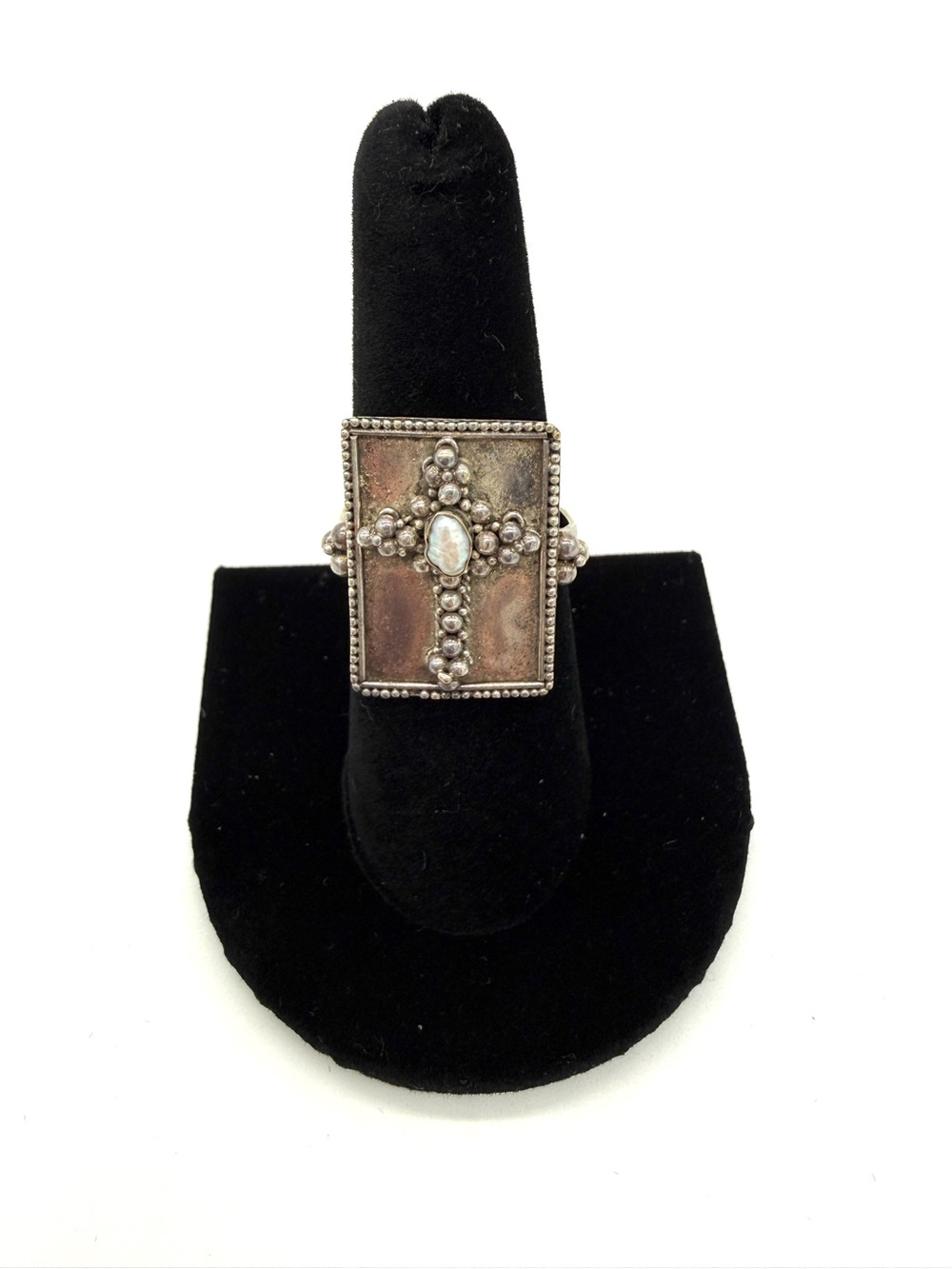 Vintage Sterling Silver and Pearl Cross Statement Ring – Size 7.5